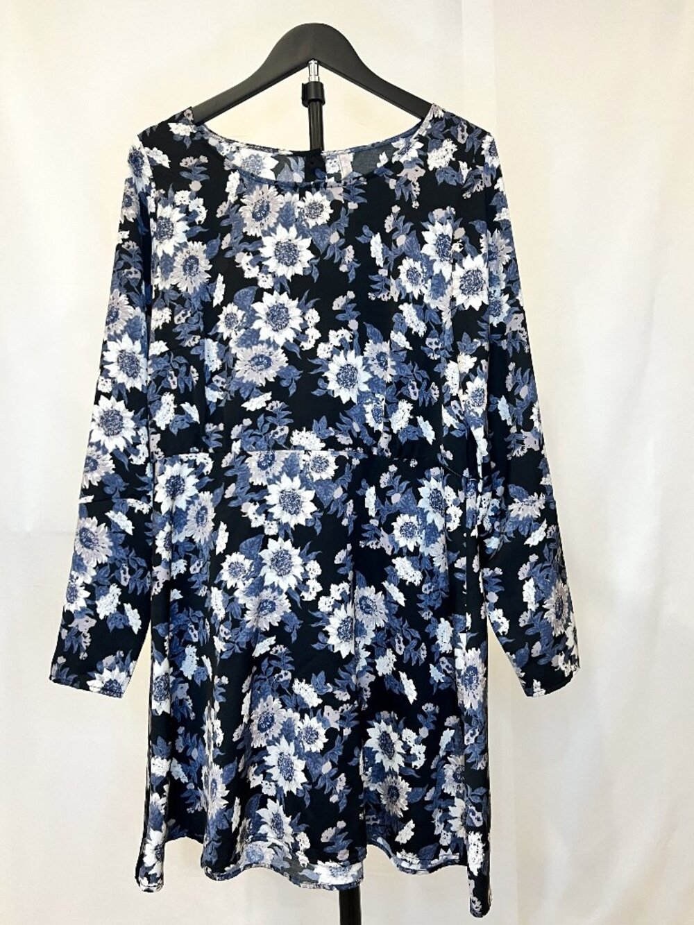 'Free People' Blue & Black Floral Long Sleeve Mini Dress Size 12